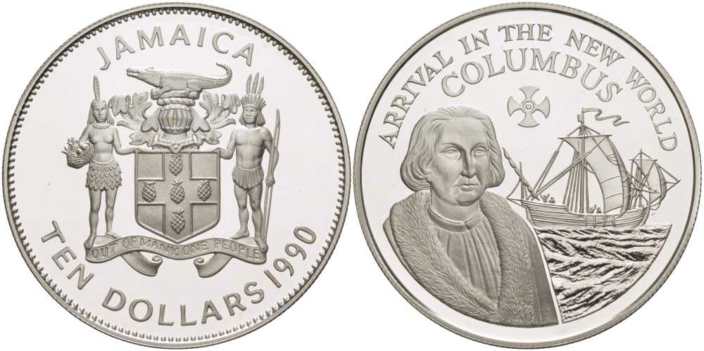 Ямайка 10 долларов 1990 прибытие Колумба в Новый свет, портрет и парусник KM 144а серебро PROOF 1080-8-34