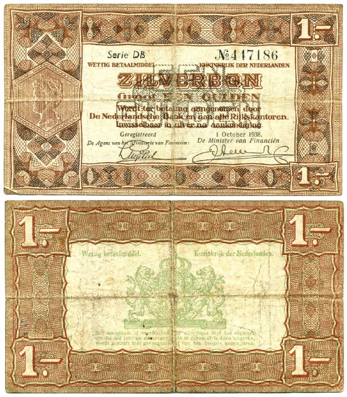 Нидерланды 1 гульден 1938 серебряный ваучер, в серии 2 буквы, 6 цифр Pick 61, Akkermans 4.1 b бумага 435-74-1-1
