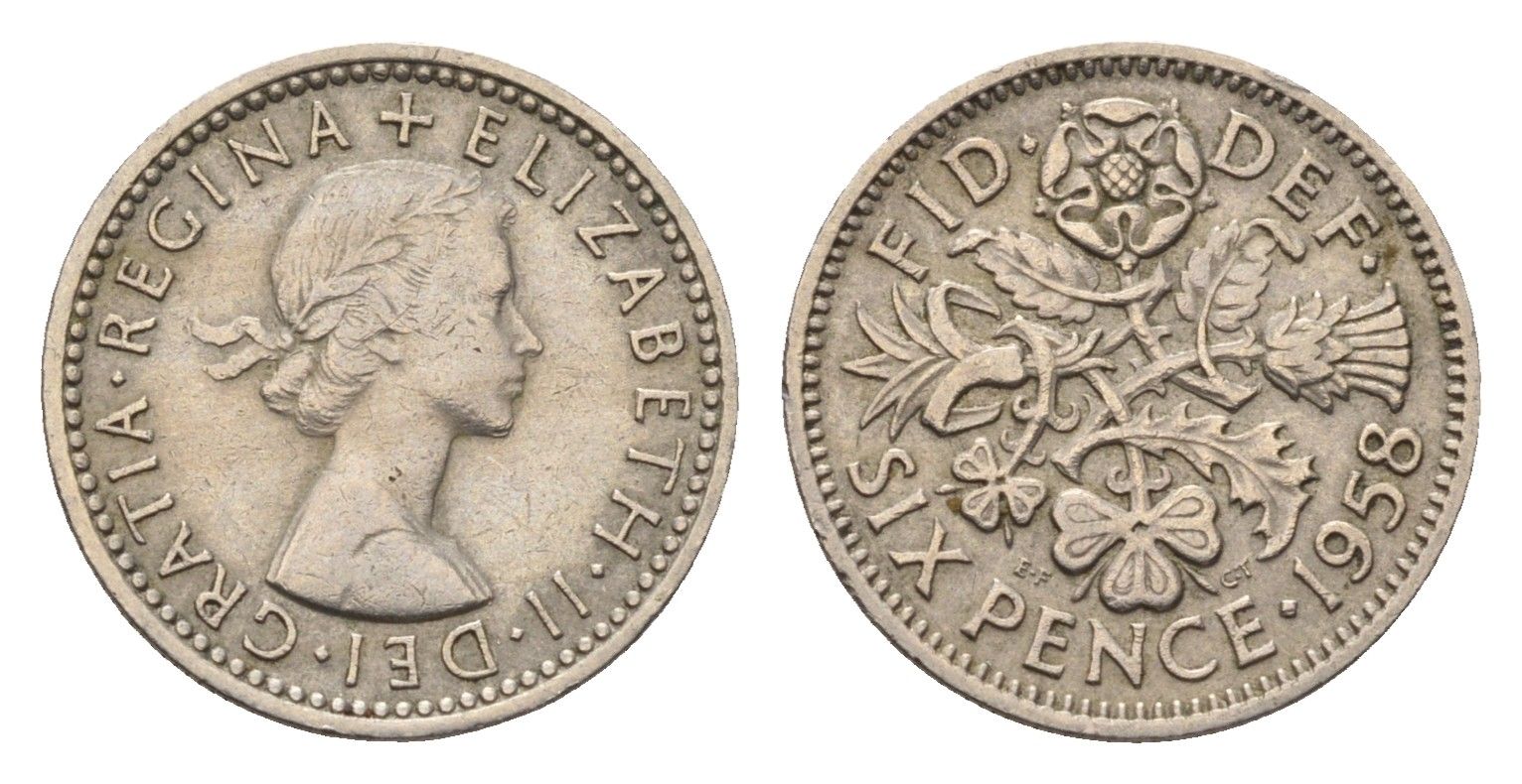 Великобритания 6 пенсов 1958 Елизавета II (1952-2022) KM 903, Spink 4149 медно-никель 4696-824