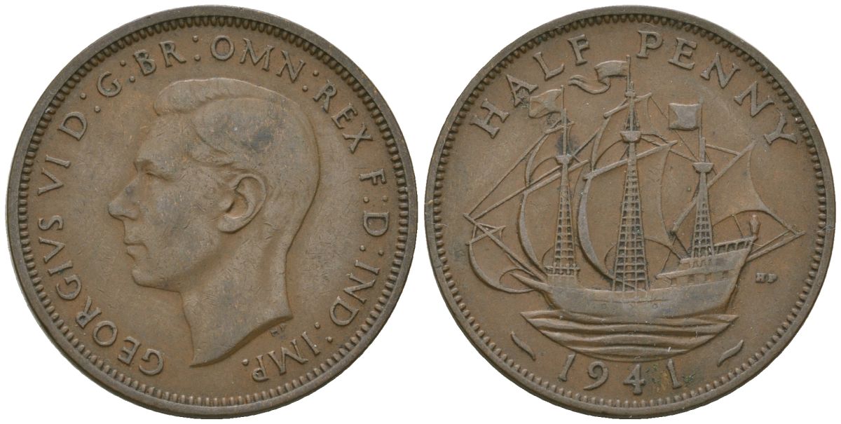 Великобритания 1/2 пенни 1941 Георг VI (1936-1952) KM 844, Spink 4115 бронза 4163-1117