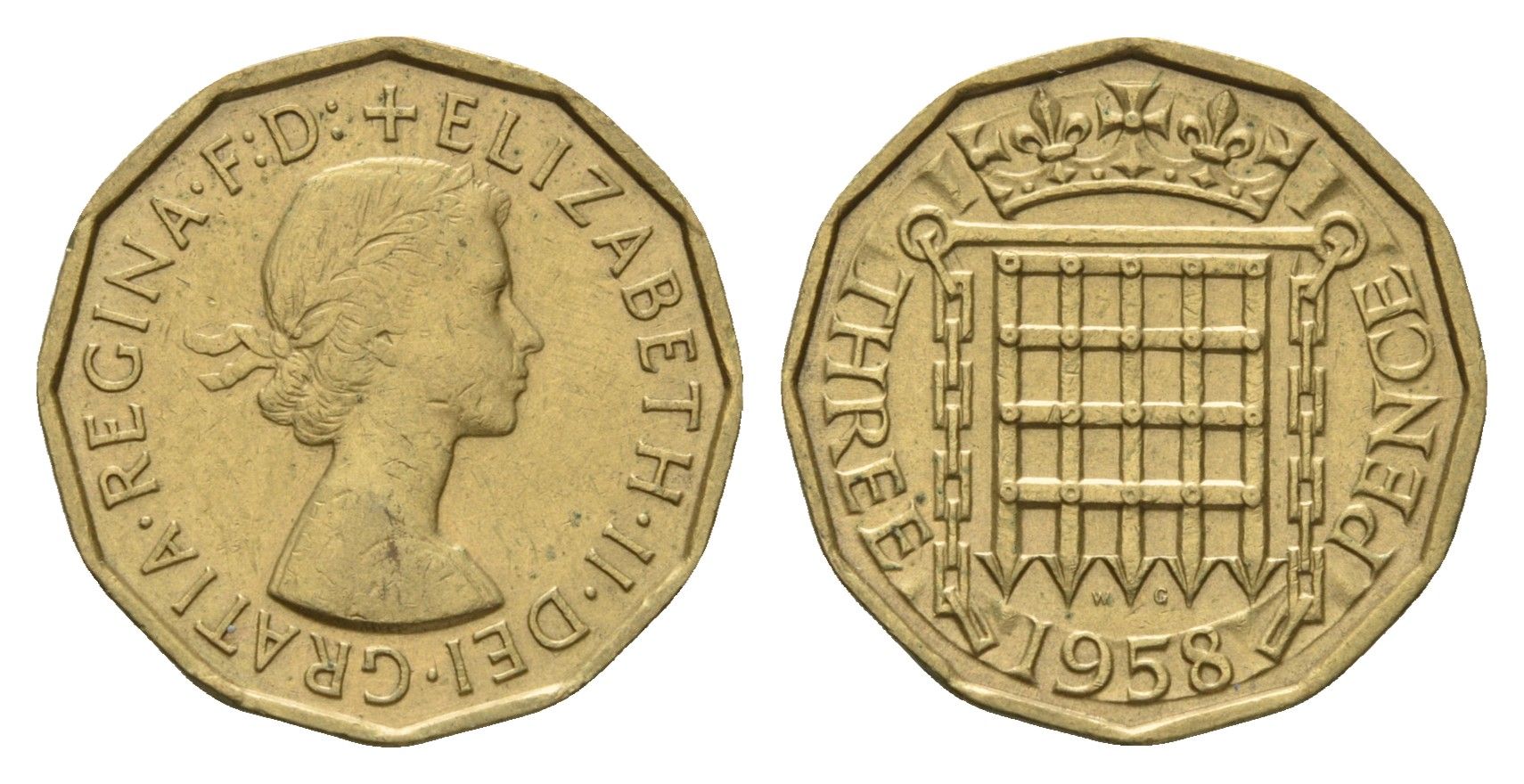 Великобритания 3 пенса 1958 Елизавета II (1952-2022) KM 900, Spink 4153 никель латунь 4121-536