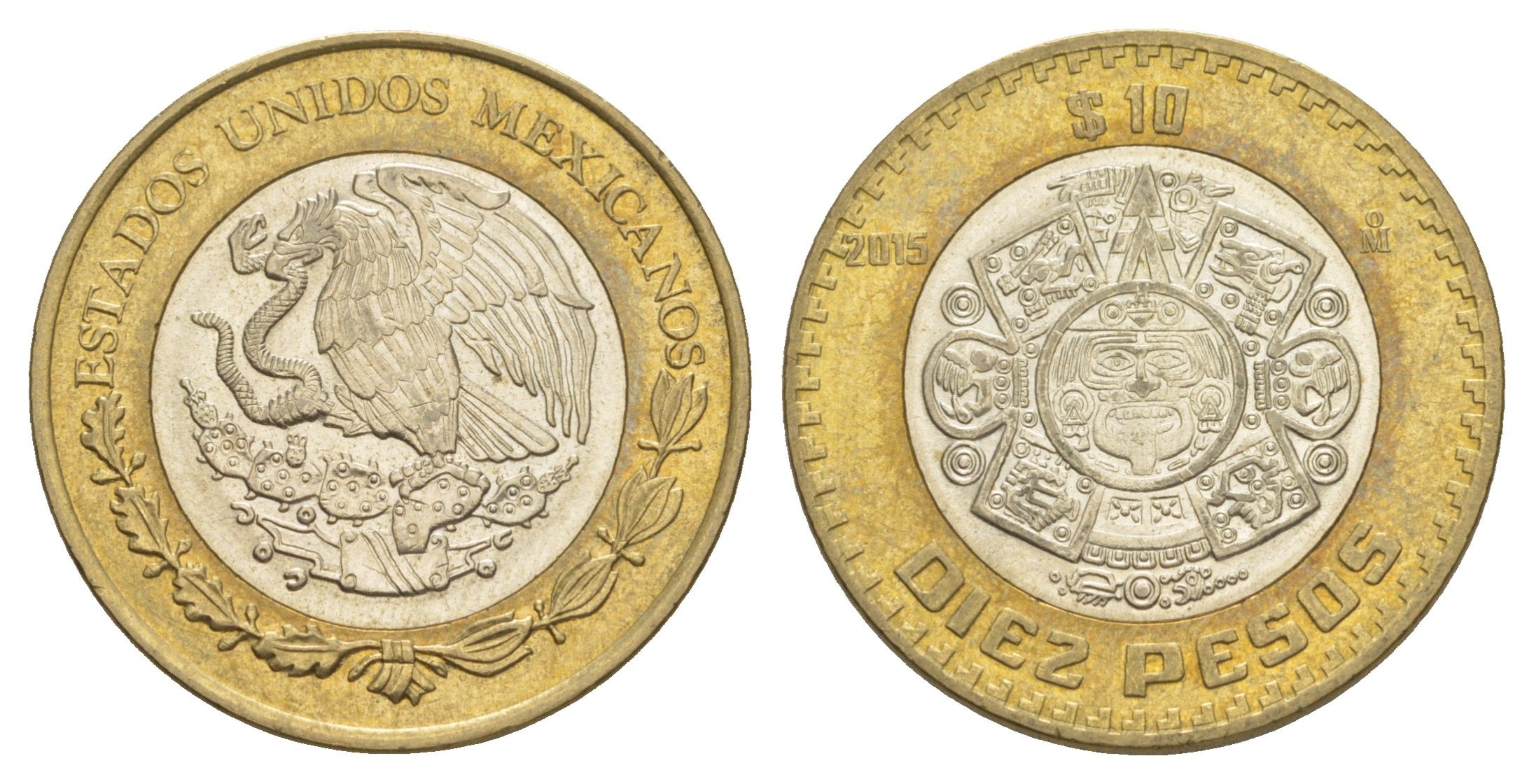Мексика 10 песо 2015 Мо, бог Тонатиуха с огненной маской KM 616 биметалл UNC 4637-735