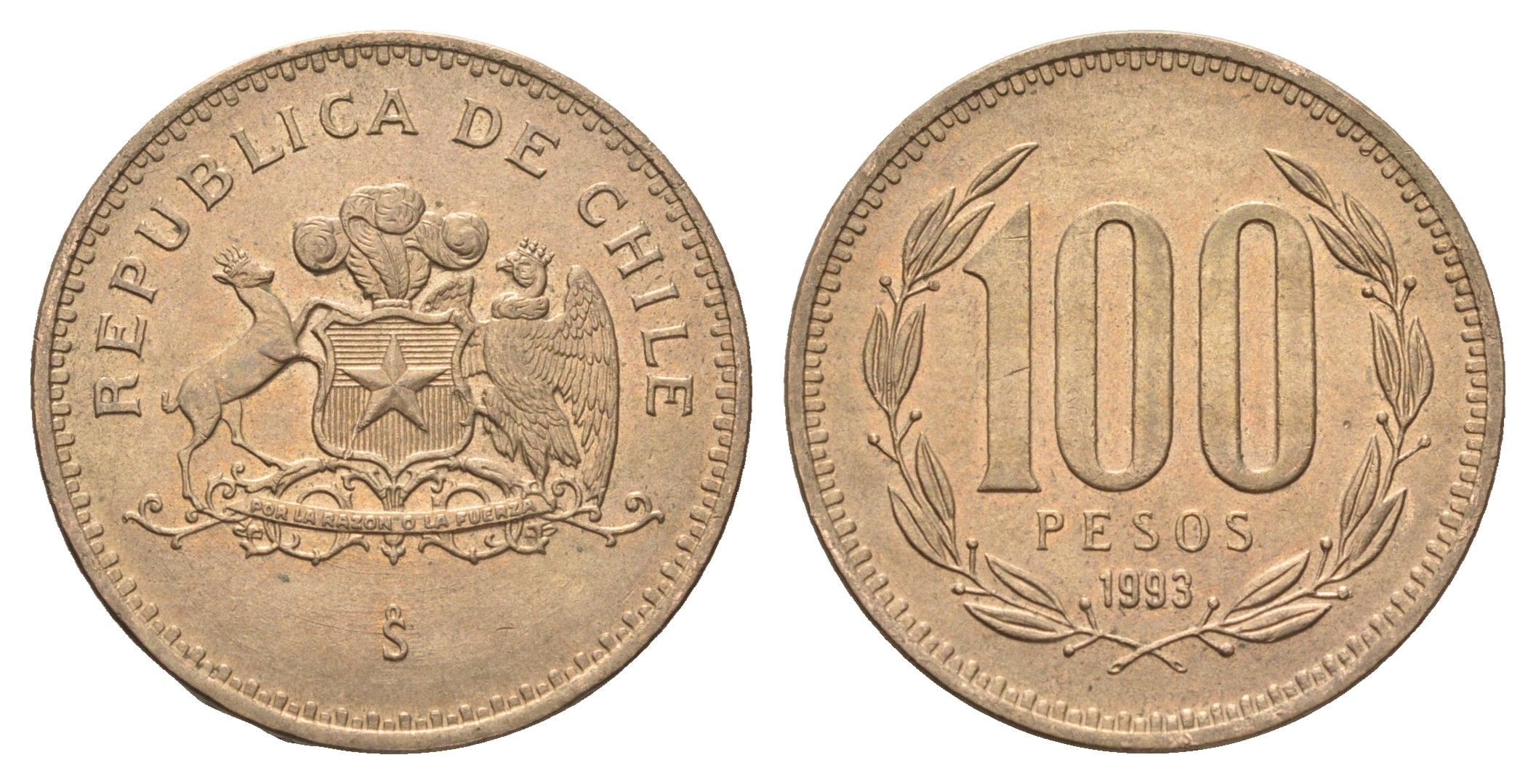 Чили 100 песо 1993 KM 226 алюминиевая бронза 4663-422