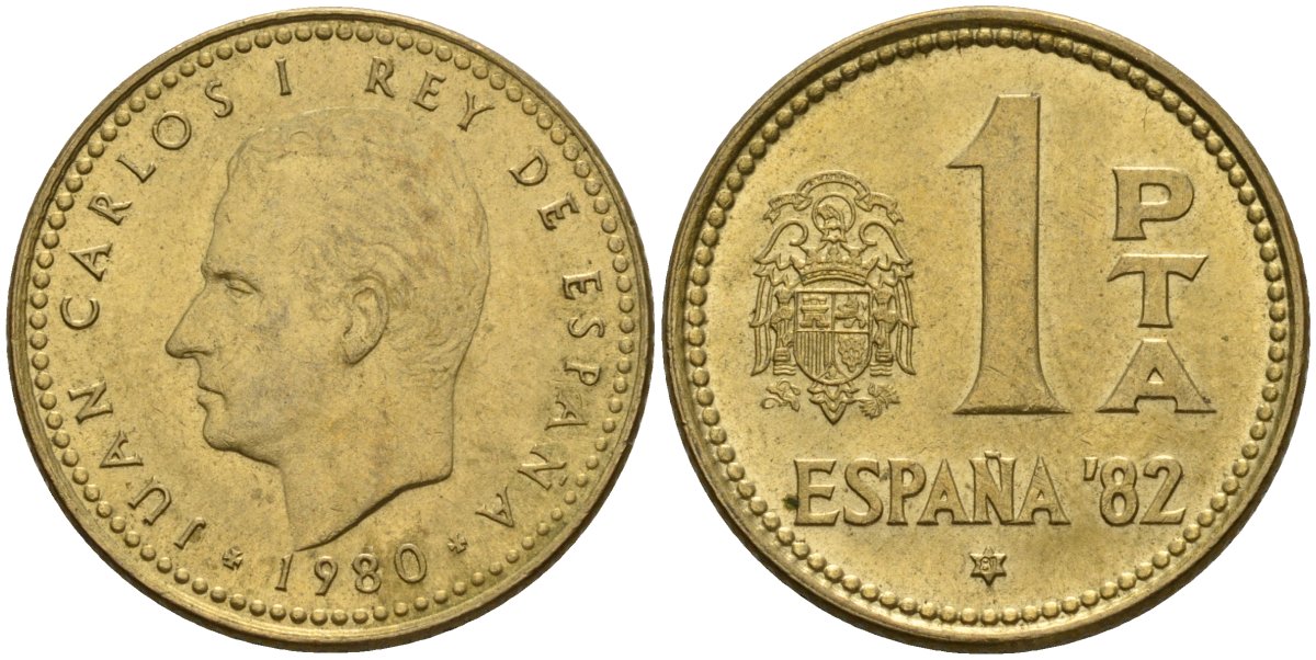 Испания 1 песета 1980 (81) чемпионат мира по футболу 1982 года в Испании, Хуан Карлос I (1975 - 2014) KM 816 алюминиевая бронза 4604-256