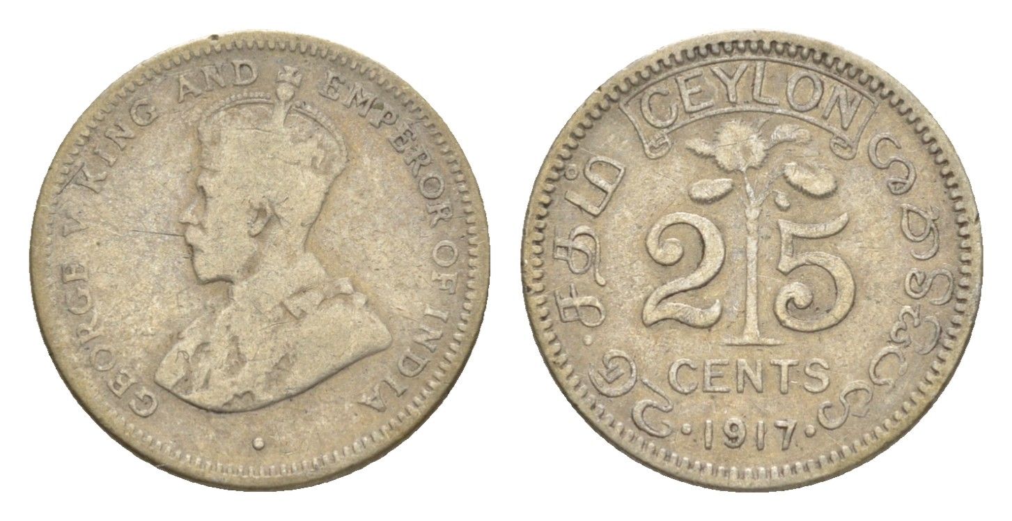 Цейлон 25 центов 1917 Георг V (1910-1936) KM 105 серебро 75-1063