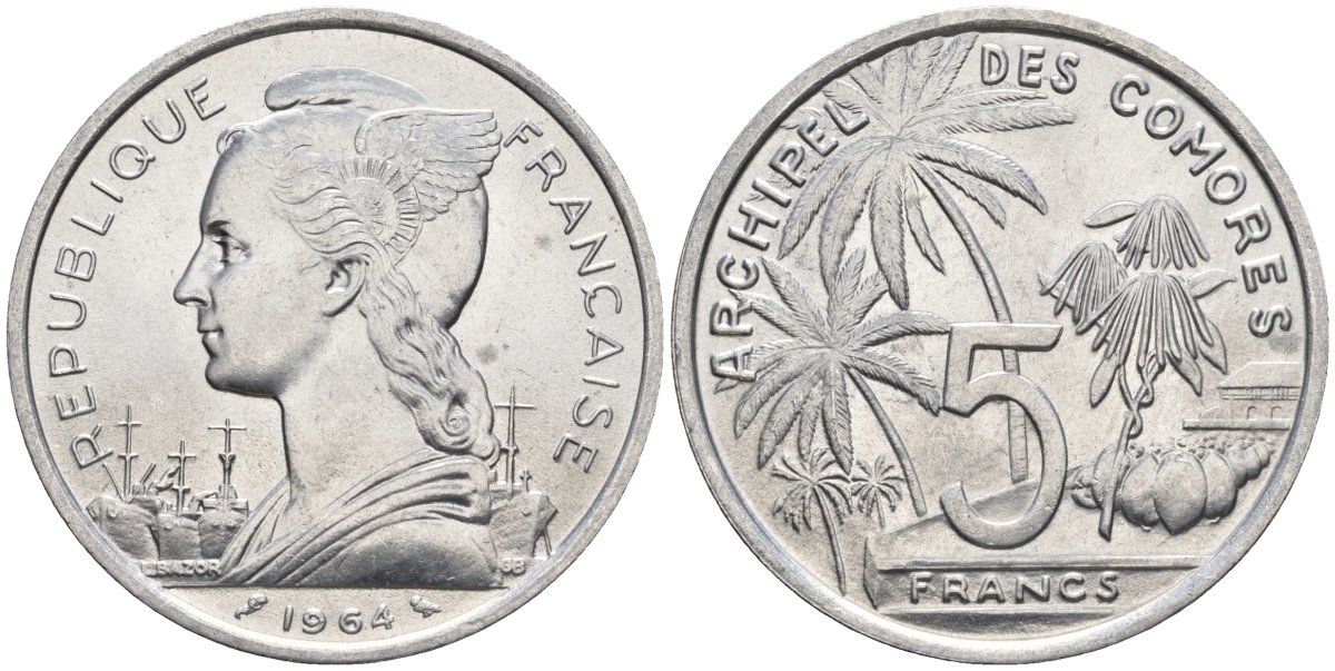 Французские Коморские острова 5 франков 1964 пальмы KM 6 алюминий UNC 221-825