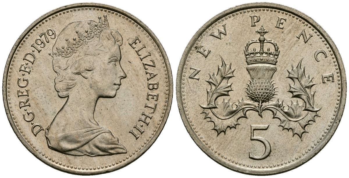 Великобритания 5 пенсов 1979 Елизавета II (1952-2022) KM 911, Spink 4233 (D1) медно-никель 4538-226