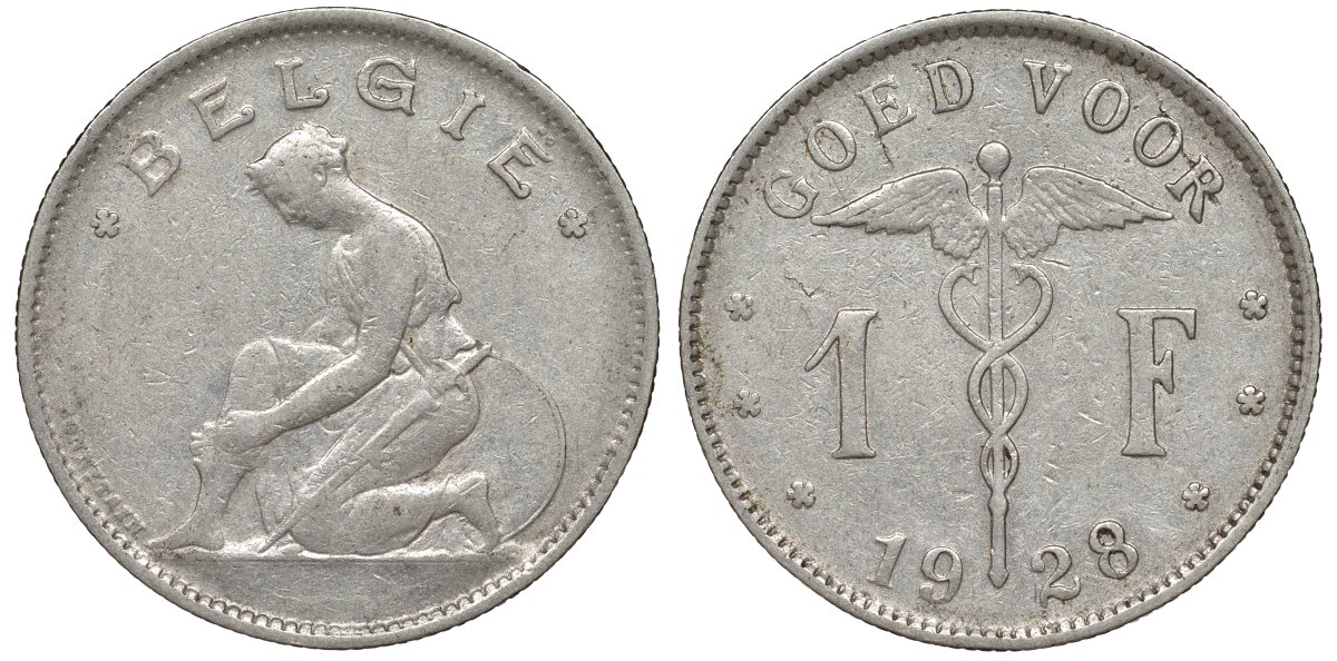 Бельгия 1 франк 1928 Belgie KM 90 никель 51-1736