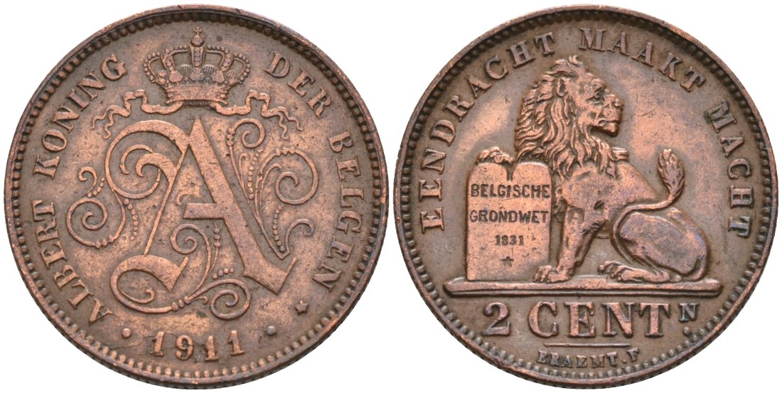 Бельгия 2 сантимА 1911 Belgen KM 65 медь 190-721