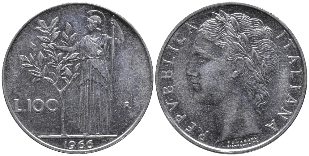 ИТАЛИЯ 100 ЛИР 1966 R, АФИНА KM 96.1 сталь 32-944