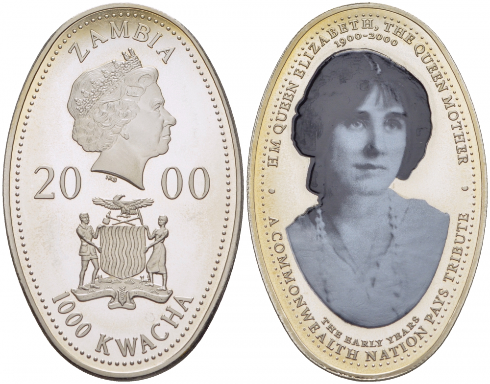 Замбия 1000 квача 2000 100 лет королеве матери - ранние годы, овал, эмаль KM 75 медно-никель PROOF 5010-531