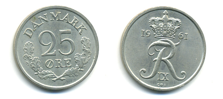ДАНИЯ 25 ЭРЕ 1961 C; S, ФРЕДЕРИК IX (1947-1972) KM 850 медно-никель UNC 80-1145