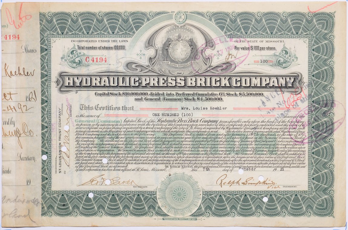 США 100 акций 1921 компании по изготовлению гидравлических прессов   бумага   5547-12-2-1