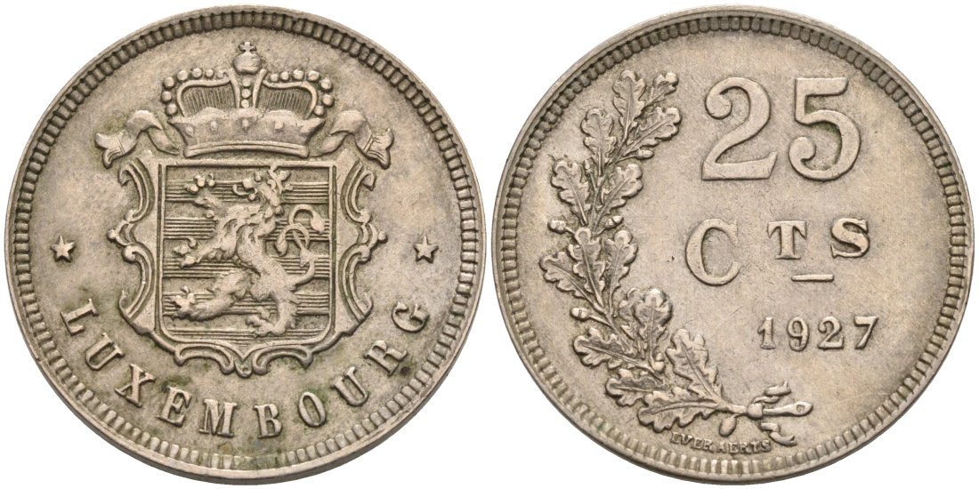 ЛЮКСЕМБУРГ 25 САНТИМОВ 1927 ШАРЛОТТА (1919-1964) KM 37 медно-никель 4566-616