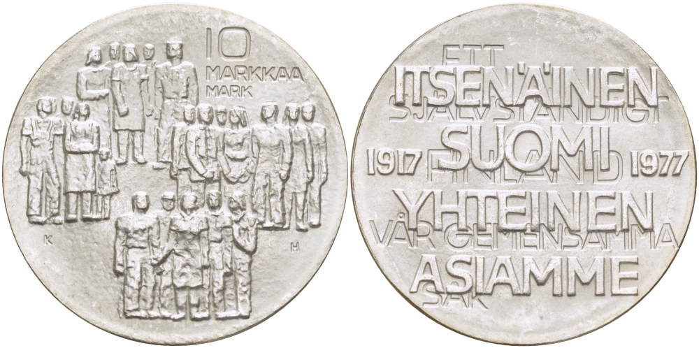 Финляндия 10 марок 1977 K-H, 60 лет независимости (1917-1977) KM 55 серебро UNC 1515-1425