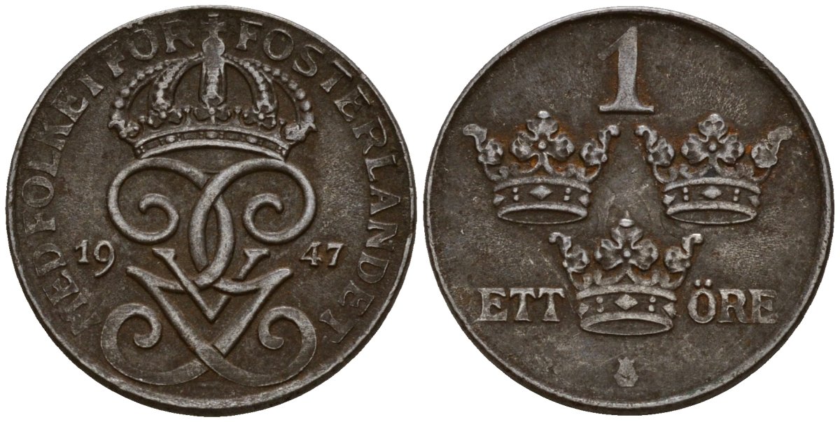 Швеция 1 эре 1947 Густав V (1907-1950) KM 810 железо 4154-736