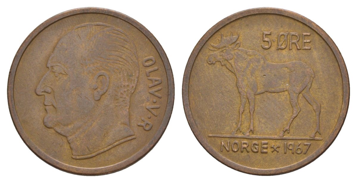 Норвегия 5 эре 1967 Улаф V (1957-1991) KM 405 бронза 4635-614