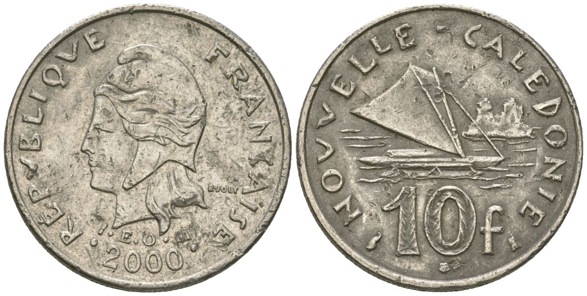 Французская Новая Каледония 10 франков 2000 рыбачья парусная лодка, (IEOM) KM 11, Schoen 13, Lec 99e никель 54-2152