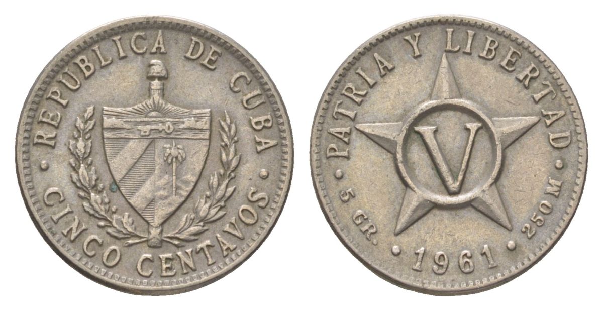 Куба 5 сентаво 1961 звезда, первая Республика (1902-1961) KM 11.3 медно-никель 4623-831