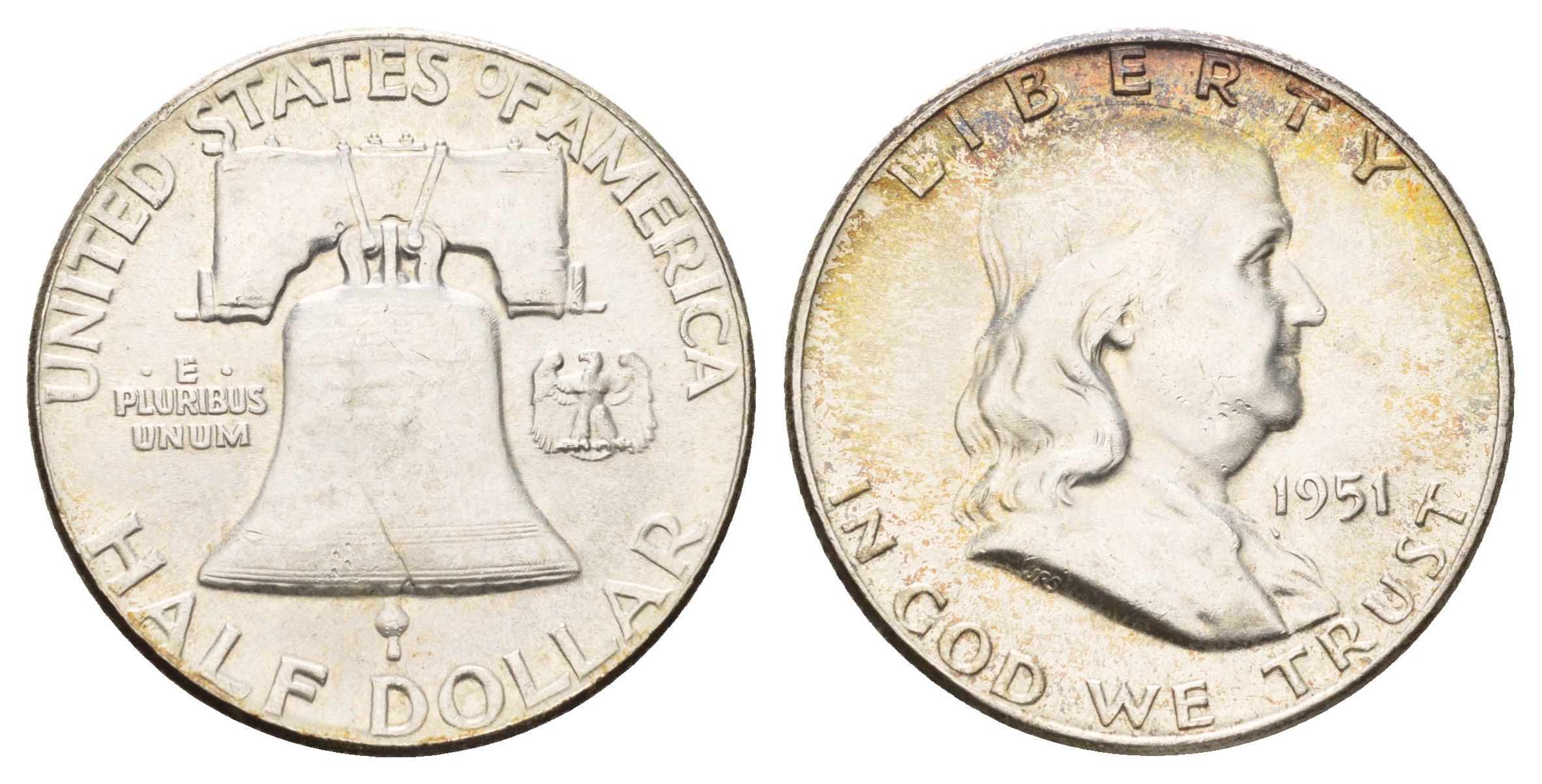 США 1/2 доллара (50 центов) 1951 Бенджамин Франклин, колокол KM 199 серебро aUNC 1531-125