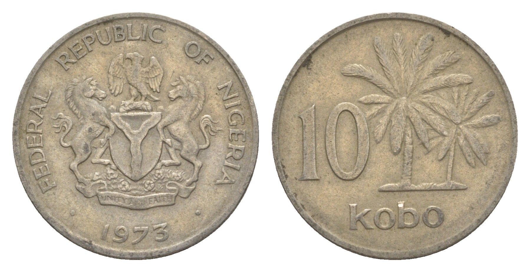 Нигерия 10 кобо 1973 пальмы KM 10.1 медно-никель 4649-659