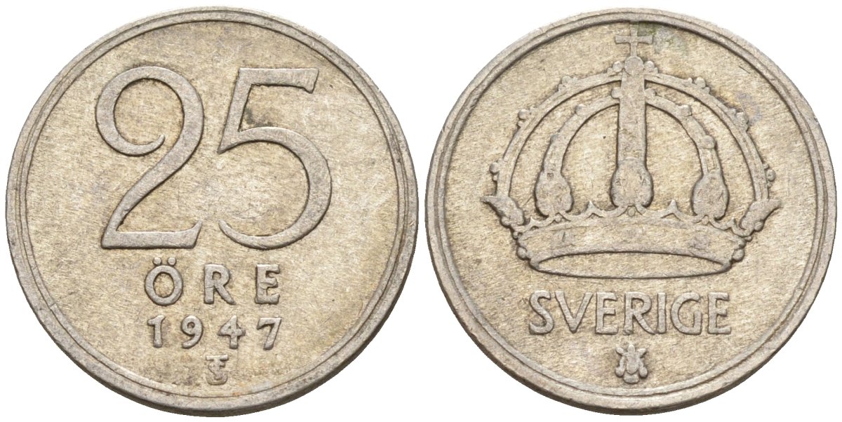 Швеция 25 эре 1947 TS, Густав V (1907-1950) KM 816 серебро 4147-968
