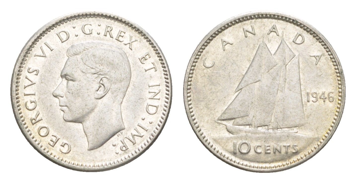 Канада 10 центов 1946 Георг VI (1936-1952), парусник KM 34 серебро 4639-549