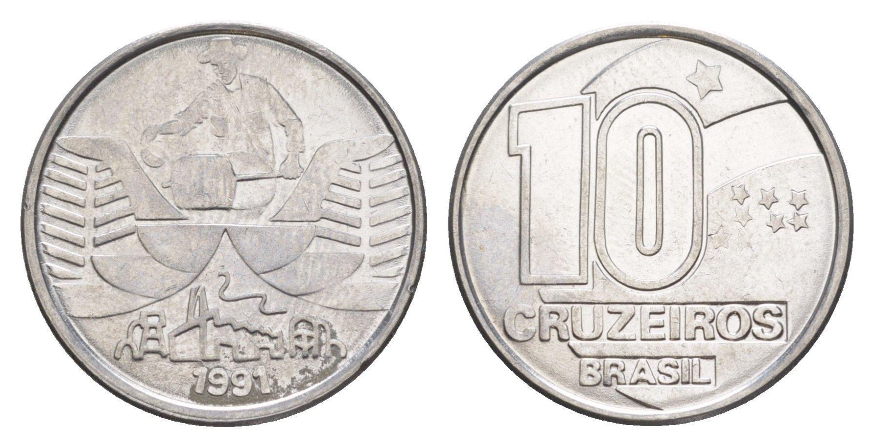 Бразилия 10 крузейро 1991 золотодобыча KM 619 нержавеющая сталь UNC 4644-534