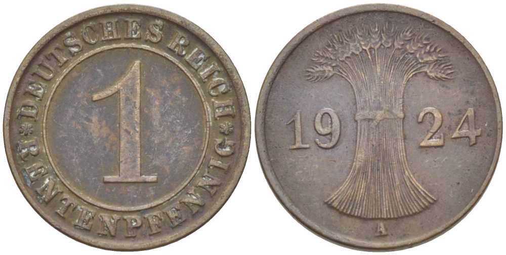 Германия 1 рентенпфенниг 1924 A KM 30, J. 306 бронза 116-769