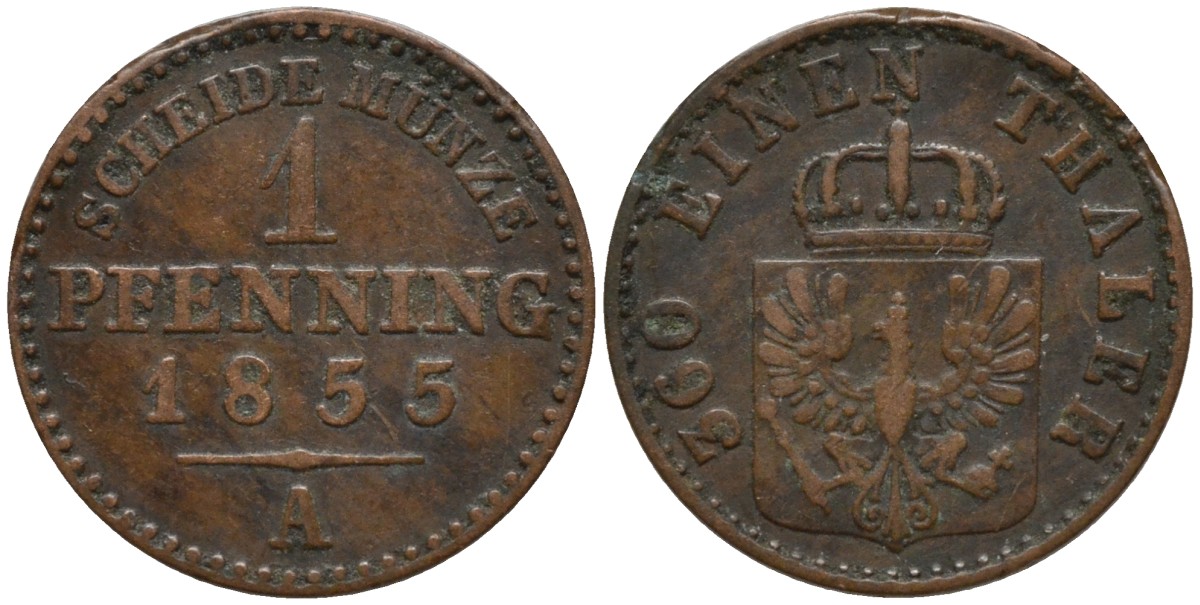 Пруссия 1 пфенниг 1855 A, Фридрих Вильгельм IV (1840-1861) KM 451 медь 4532-165