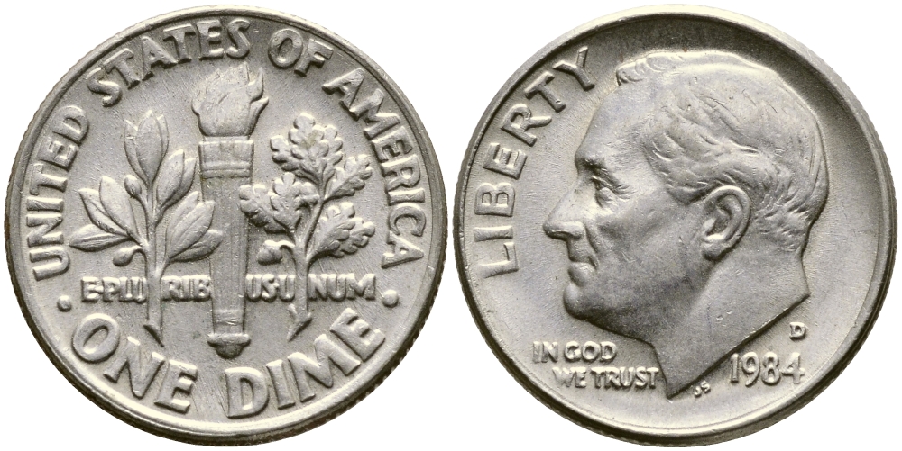 США 10 ЦЕНТОВ = 1 ДАЙМ 1984 D, РУЗВЕЛЬТ KM 195а медь плакированная медно-никелем 46-2529