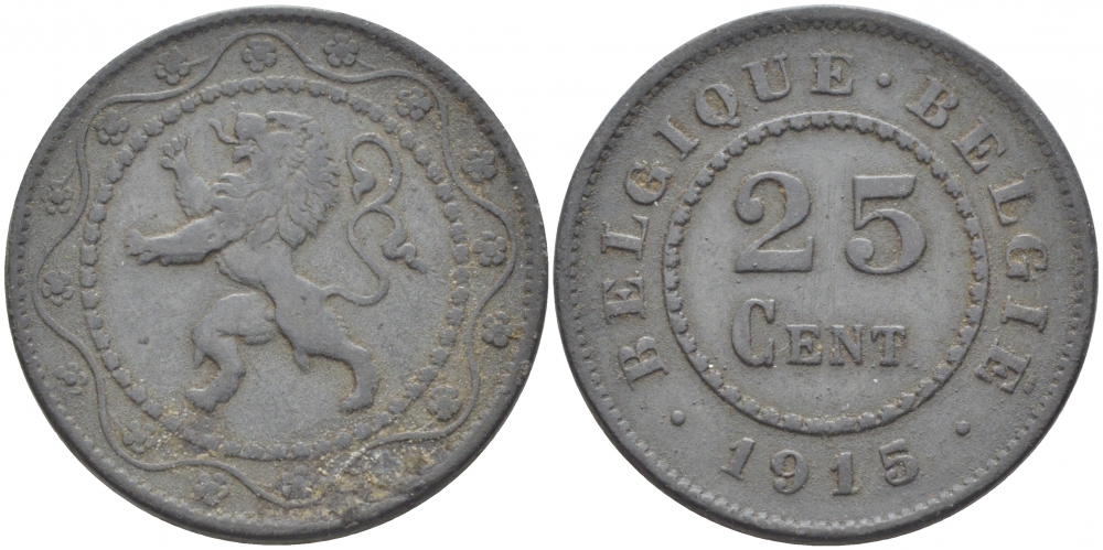 БЕЛЬГИЯ 25 САНТИМОВ 1915 BELGIE KM 82 цинк 4448-834