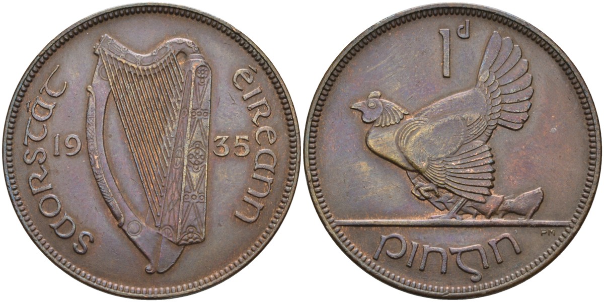 Ирландия 1 пенни 1935 курица с цыплятами KM 3 бронза 4587-1043