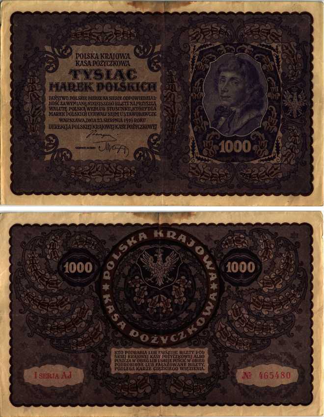 ПОЛЬША 1000 МАРОК 1919 23 АВГУСТА 1919, ТРЕТИЙ ВЫПУСК, ПОРТРЕТ КОСТЮШКО Pick 29 бумага VF 8607-27-1