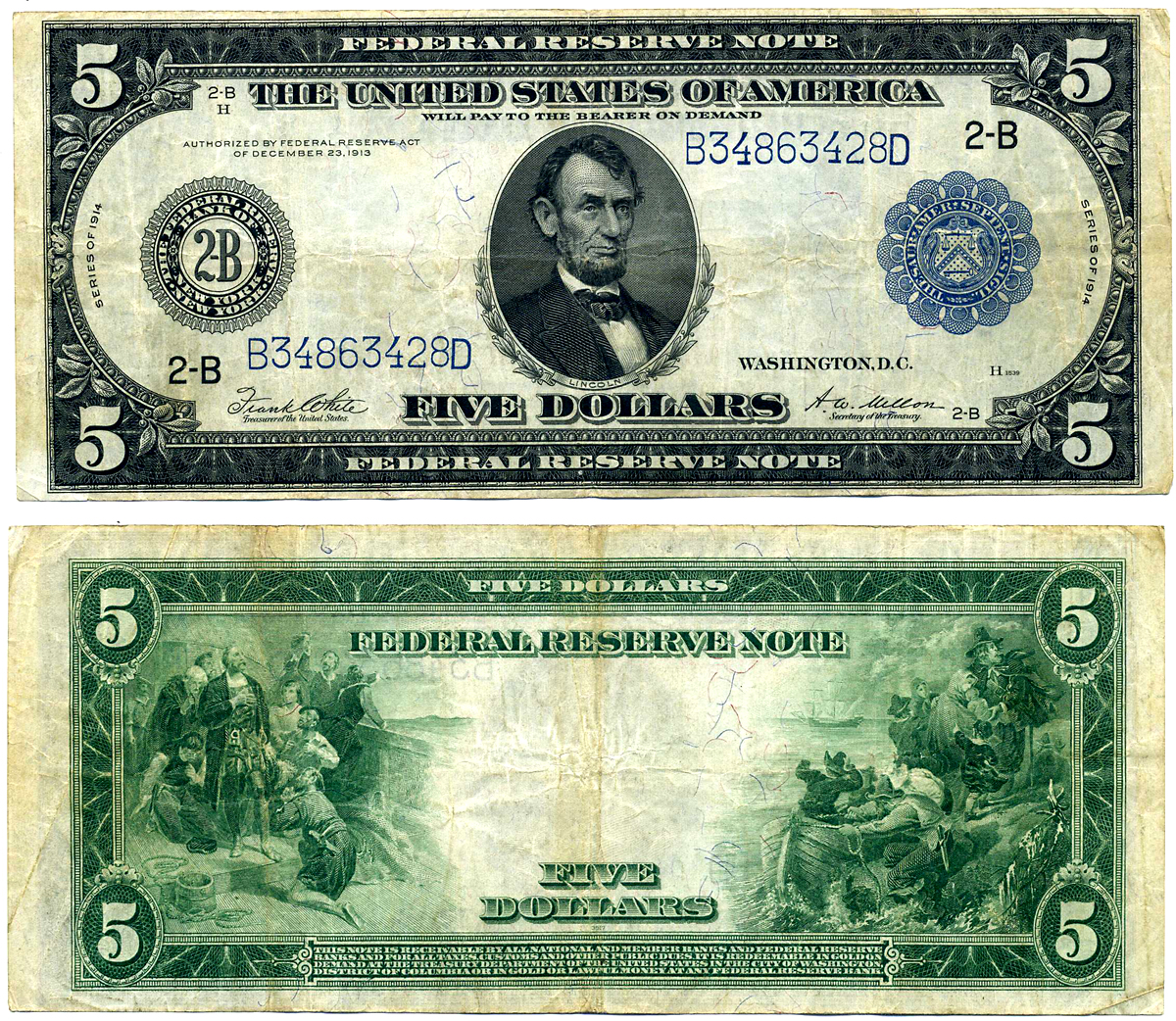 США 5 долларов 1914 серебряный сертификат, Авраам Линкольн, Буква В (Нью-Йорк), подписи WHITE & MELLON, голубая серия Pick 359bB (4-1)  бумага   451-114-1