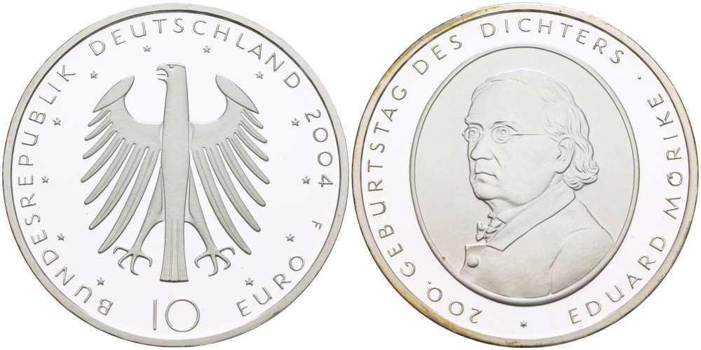 ФРГ 10 евро 2004 F, 200 лет со дня рождения Эдуарда Мёрике KM 233, DE.S. 10.16 серебро PROOF 1085-5-51