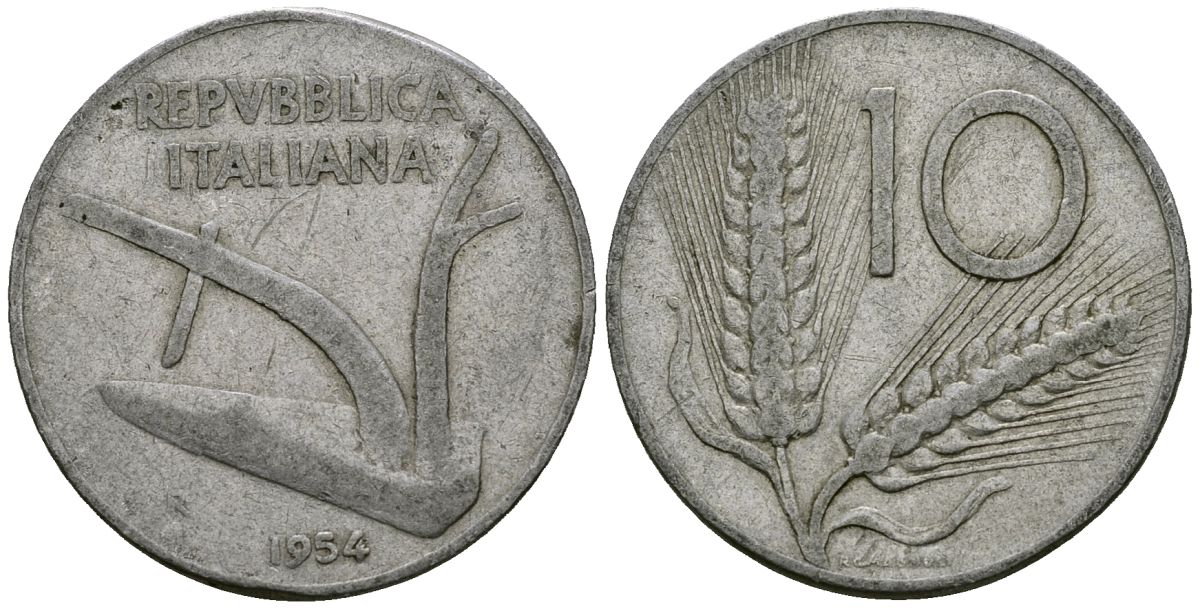Италия 10 лир 1954 KM 93 алюминий 4521-1225