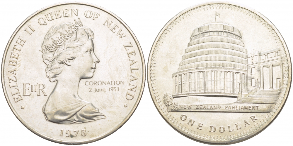 Новая Зеландия 1 доллар 1978 25 лет коронации Елизаветы II и открытие здания Парламента, Елизавета II (1952-2022) KM 47 медно-никель UNC 107-534