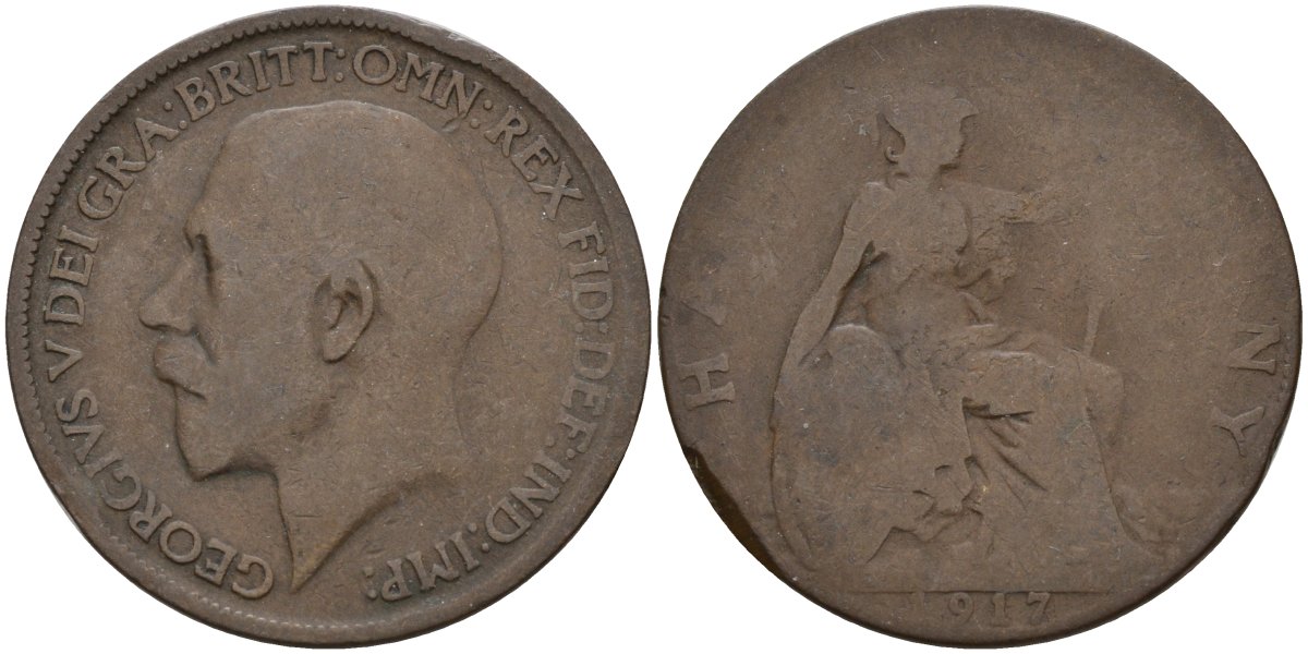 Великобритания 1/2 пенни 1917 Георг V (1910 - 1936) KM 809, Spink 4056 бронза 4146-135