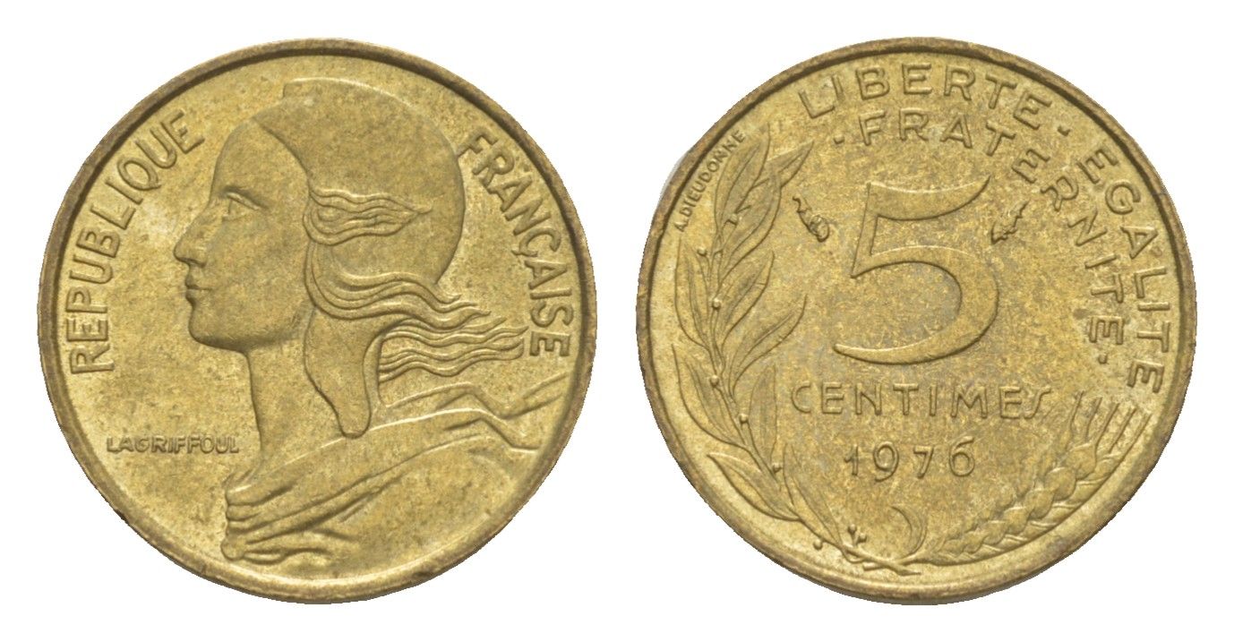 Франция 5 сантимов 1976 KM 933 алюминиевая бронза 4174-333