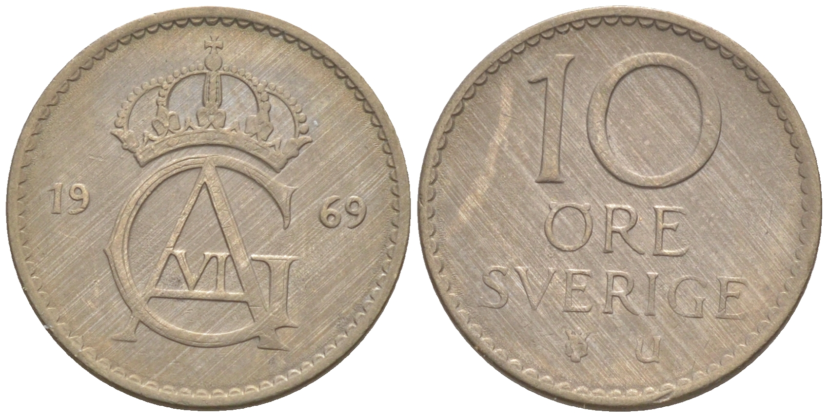 Швеция 10 эре 1969 Густав VI Адольф (1950-1973) KM 835 медно-никель UNC 187-822