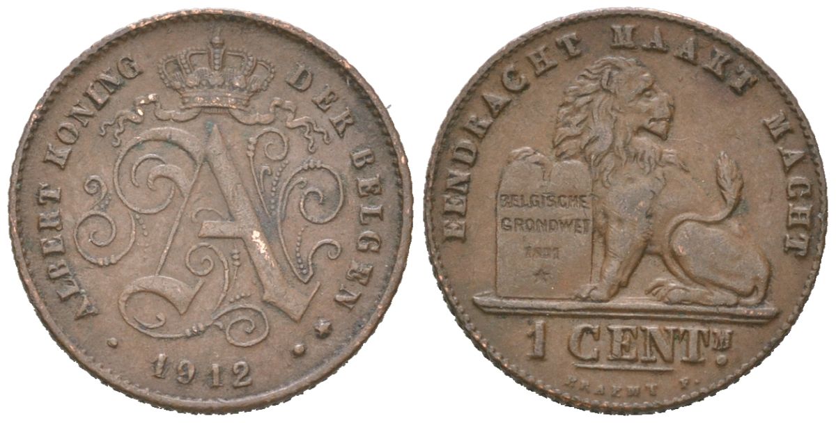 Бельгия 1 сантим 1912 DER BELGEN, Альберт I (1909-1934) KM 77 медь 4617-523