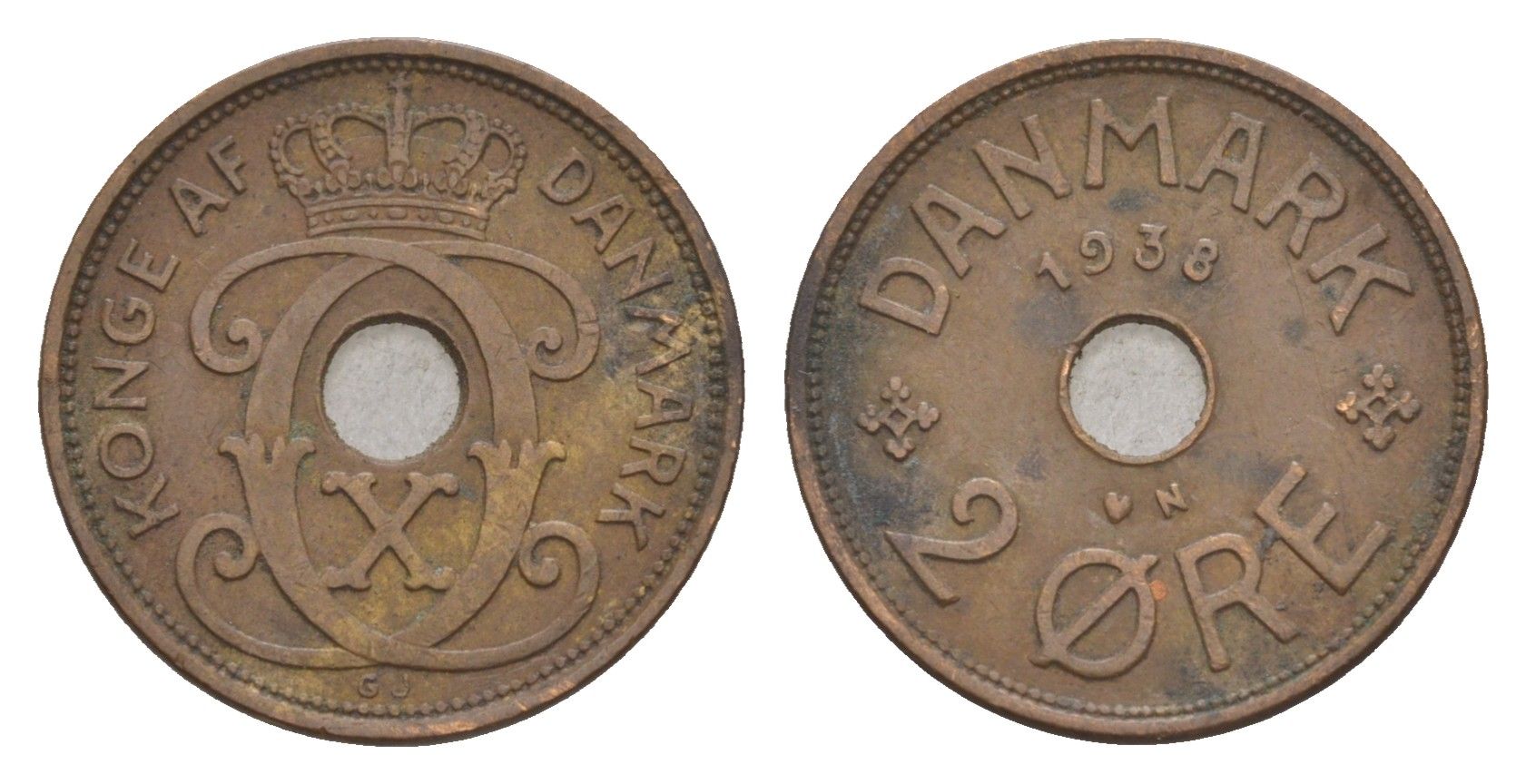 Дания 2 эре 1938 N, Кристиан X (1912-1947) KM 827 бронза 4658-251