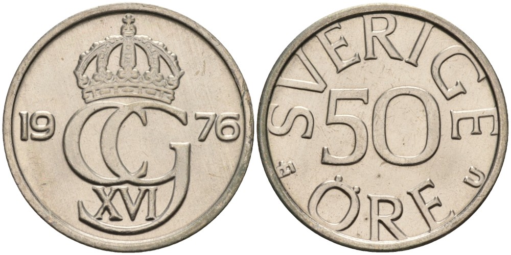 Швеция 50 эре 1976 U, Карл XVI Густав (1973- ), в лаке KM 855 медно-никель UNC 73-1432