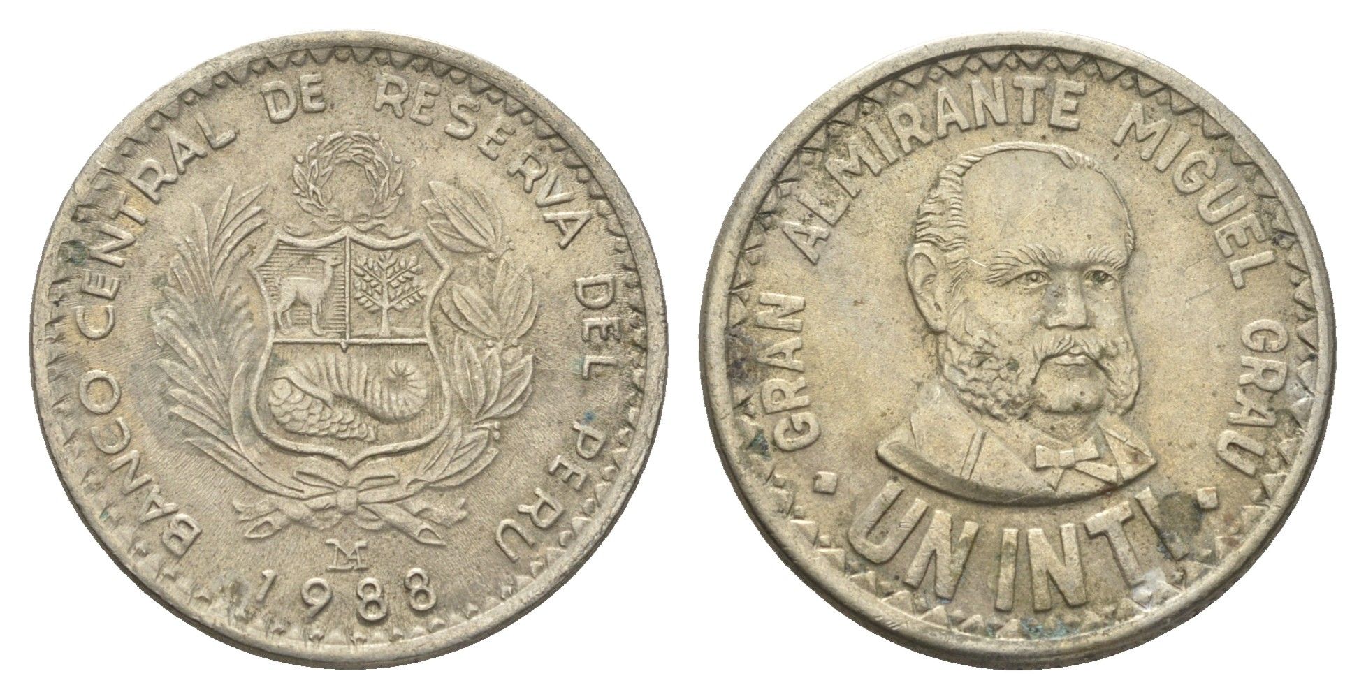 Перу 1 инти 1988 Мигель Грау KM 296 медно-никель 4663-432