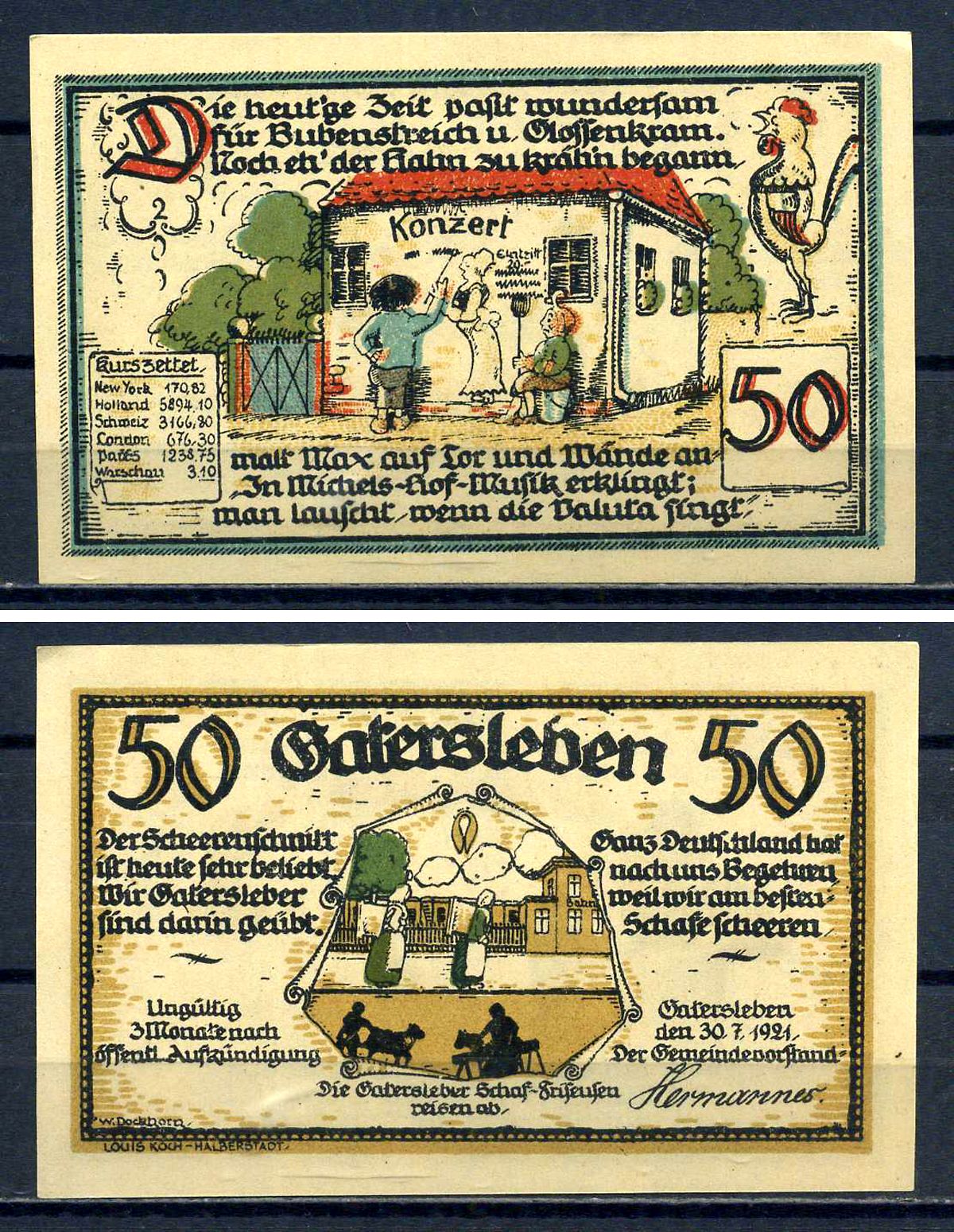 Гатерслебен (Пруссия, Саксония) 50 пфеннигов 1921 P?GrM:0409.1-2/6 бумага UNC (пресс) 7556-15-3-1