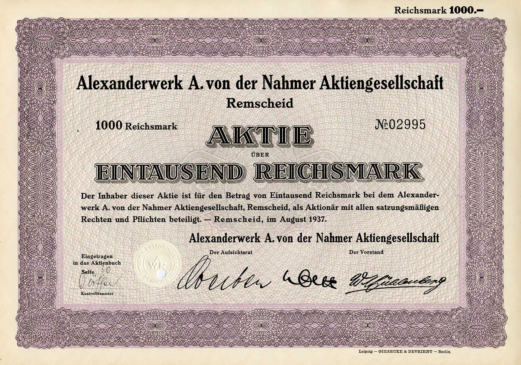 Германия 1000 рейхсмарок 1937 Александрверк А. фон дер Нахмер АГ Ремшайд, акция   бумага   8803-97-1