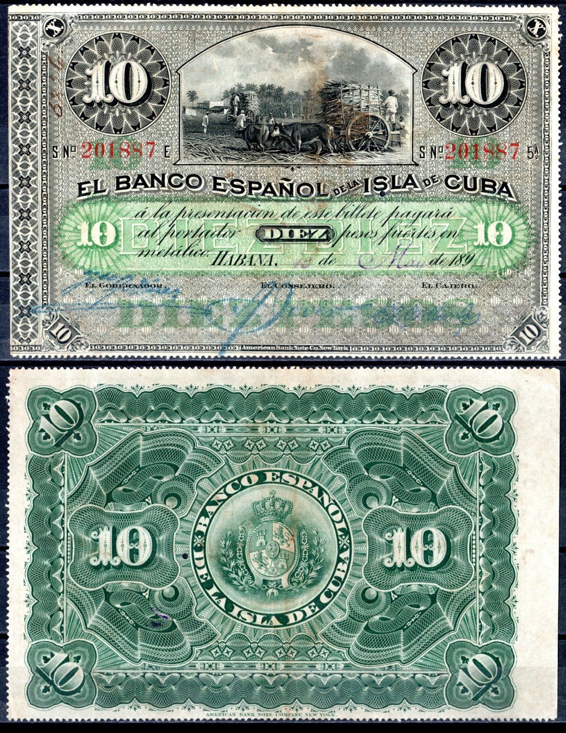 Куба 10 песо 1896 Pick 49 a бумага 8615-74-2-1