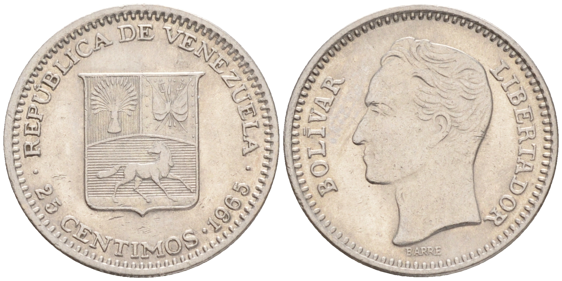 Венесуэла 25 сентимо 1965 Симон Боливар KM 40 никель 192-245