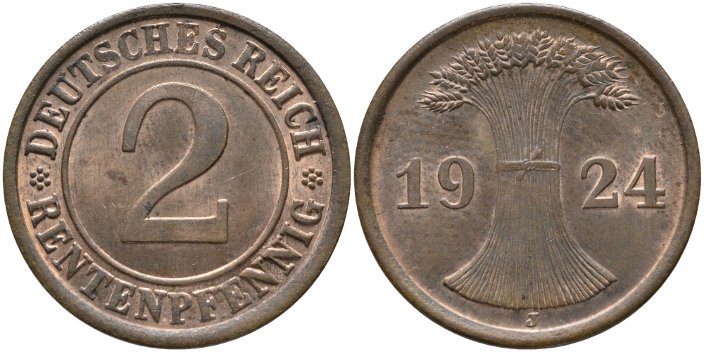 ГЕРМАНИЯ 2 РЕНТПФЕННИГА 1924 J J 307, KM 31 бронза UNC 66-722